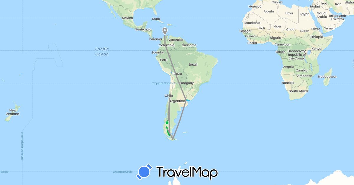 TravelMap itinerary: driving, bus, plane, boat in Argentina, Chile, Colombia, Uruguay (South America)
